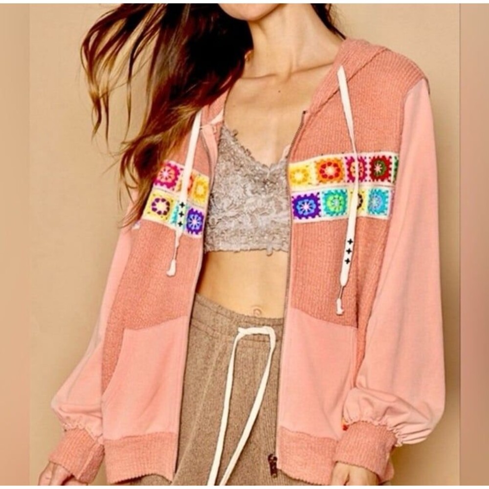 POL Women's Medium oversized granny square knit sweater zip up hooded jacket